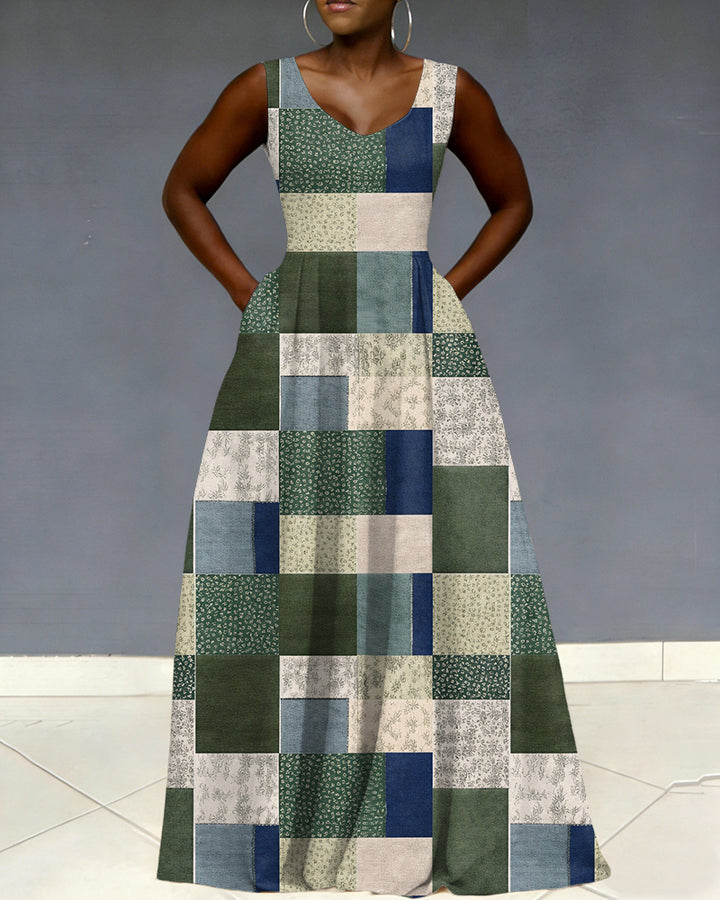 V Neck Fun Floral Color Blocking Geometric Pattern Print Sleeveless Pocket Maxi Dress