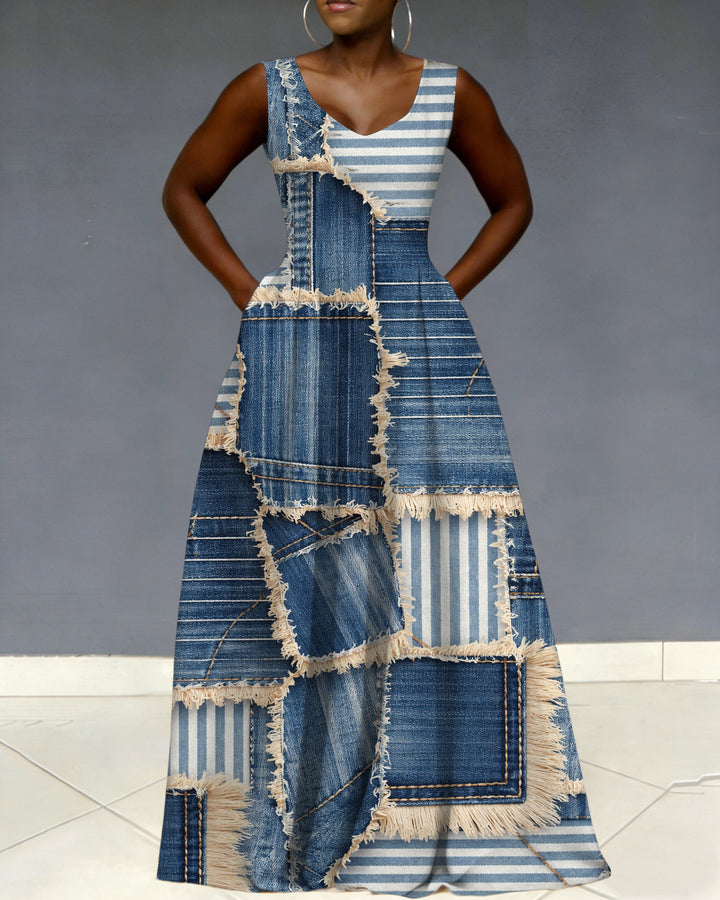V Neck Denim Striped Tassel Print Sleeveless Pocket Maxi Dress