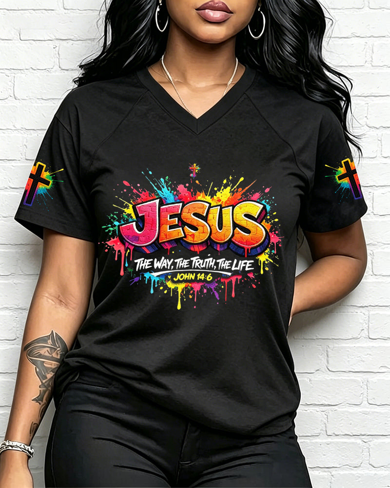 100% Cotton Graffiti Jesus The Way The Truth The Life  V Neck Short Sleeve Tshirt