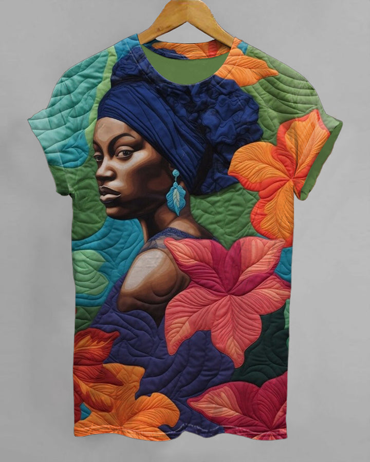 Bisa Butler Inspired Portrait Art Print Crew Neck Short Sleeve T-Shirt