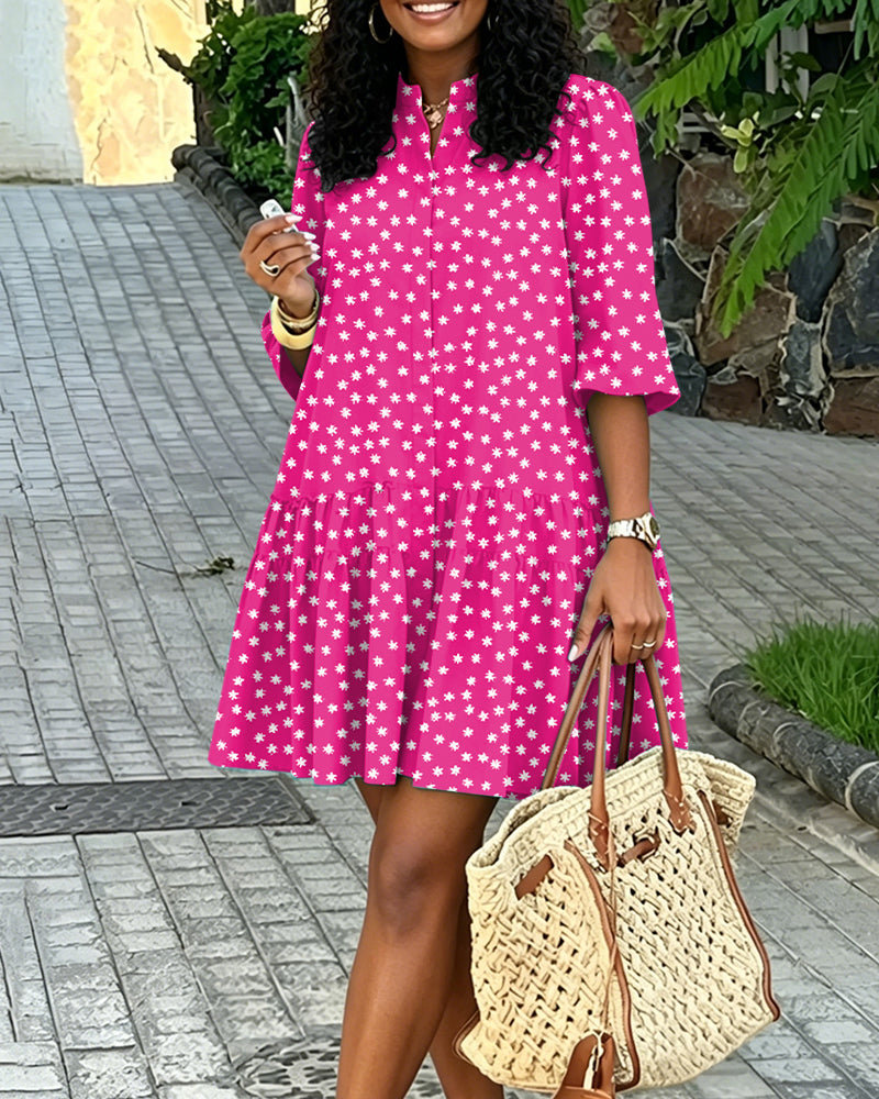 Stand Collar Small White Flowers Mini Shirt Dress