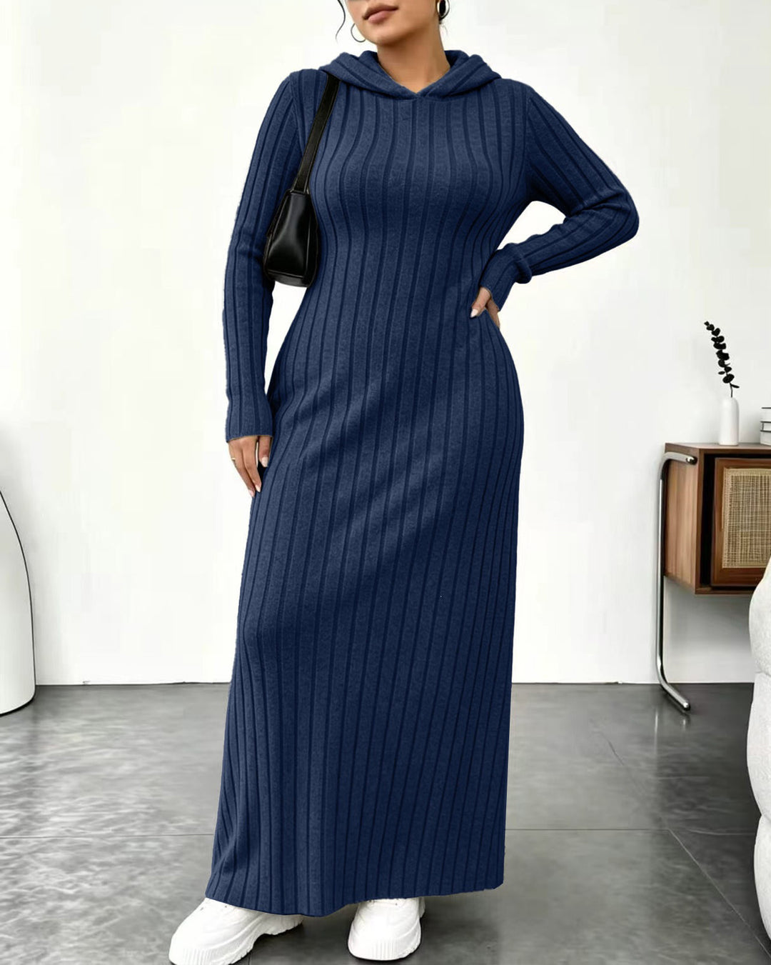 Plus Size Ribbed Hooded Pockets Maxi Dress