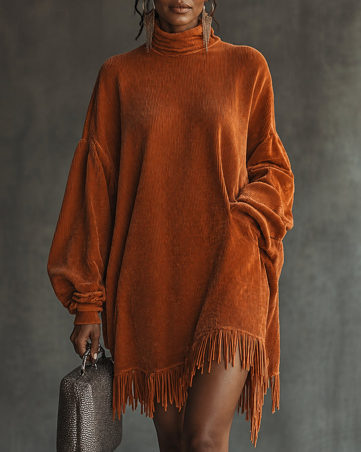 Women's Oversized Turtleneck Long Lantern Sleeve Corduroy Tunic Dress