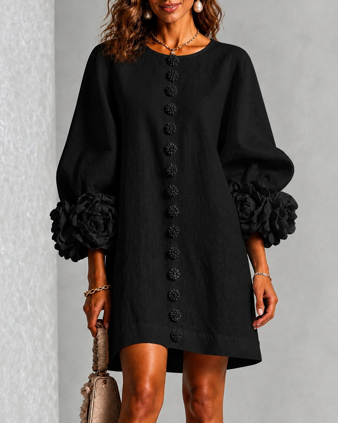 Linen Blend Flowers Button Down Floral Cuffs Half Sleeve Mini Dress