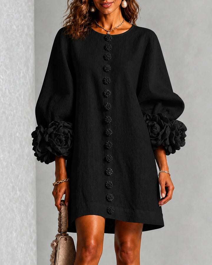 Linen Blend Flowers Button Down Floral Cuffs Half Sleeve Mini Dress