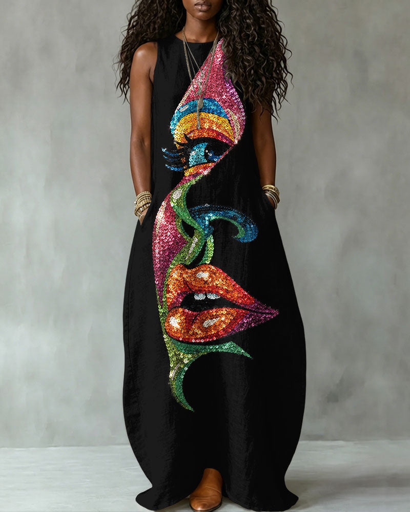 Striped Face Art Print Sleeveless Maxi Dress