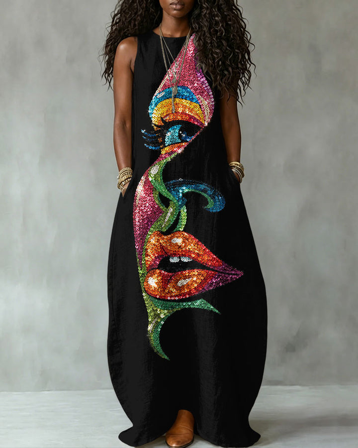 Striped Face Art Print Sleeveless Maxi Dress