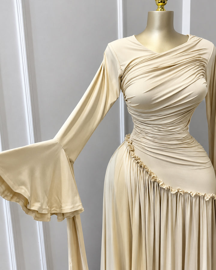 Women's Elegant Long Sleeve Flared Cuff Ruffled Hem Maxi Dress