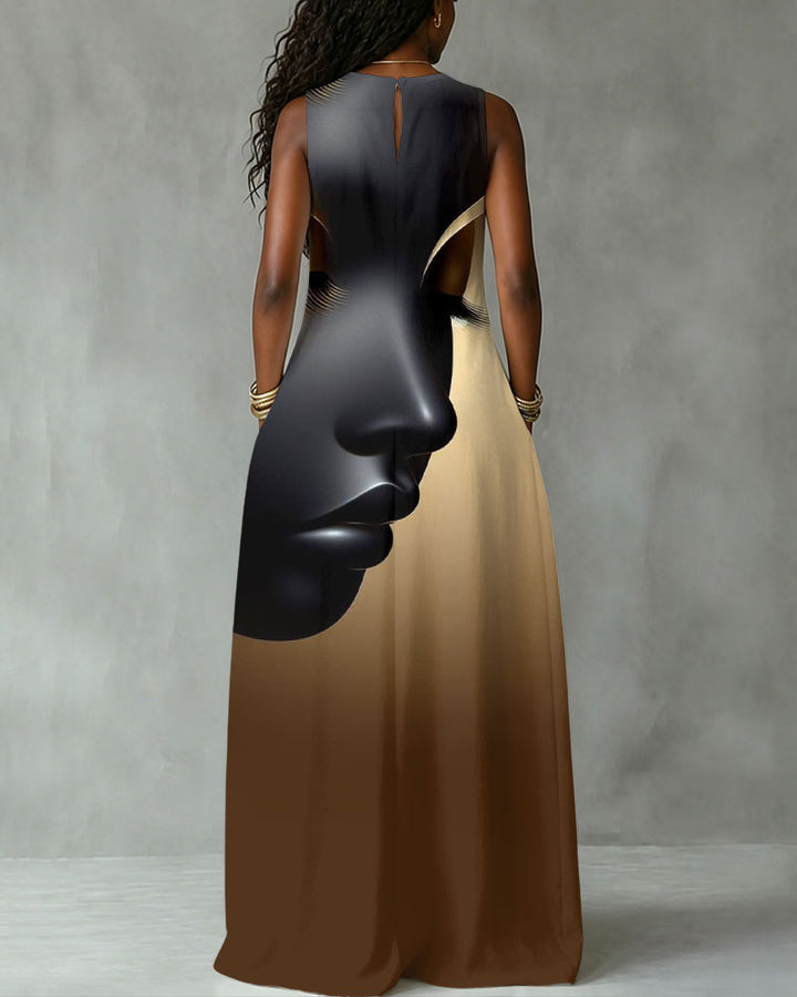 Black Women's Face Art Print Sleeveless Maxi Dress