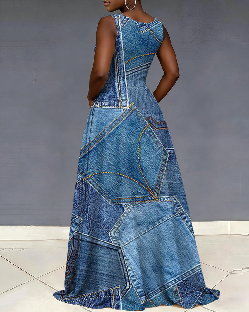 V Neck Fun Denim Patchwork Print Sleeveless Pocket Maxi Dress
