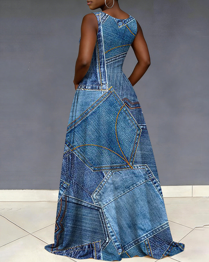V Neck Fun Denim Patchwork Print Sleeveless Pocket Maxi Dress