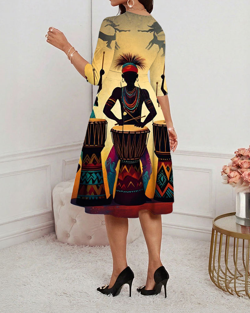 Tribal Drumming Prints Round Neck Long Sleeves Midi Dress