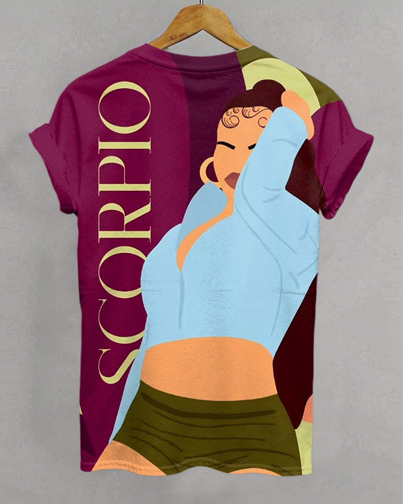 Scorpio Cartoon Illustrations Print Crew Neck Short Sleeve Tshirt