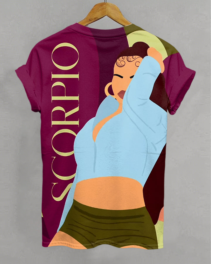 Scorpio Cartoon Illustrations Print Crew Neck Short Sleeve Tshirt