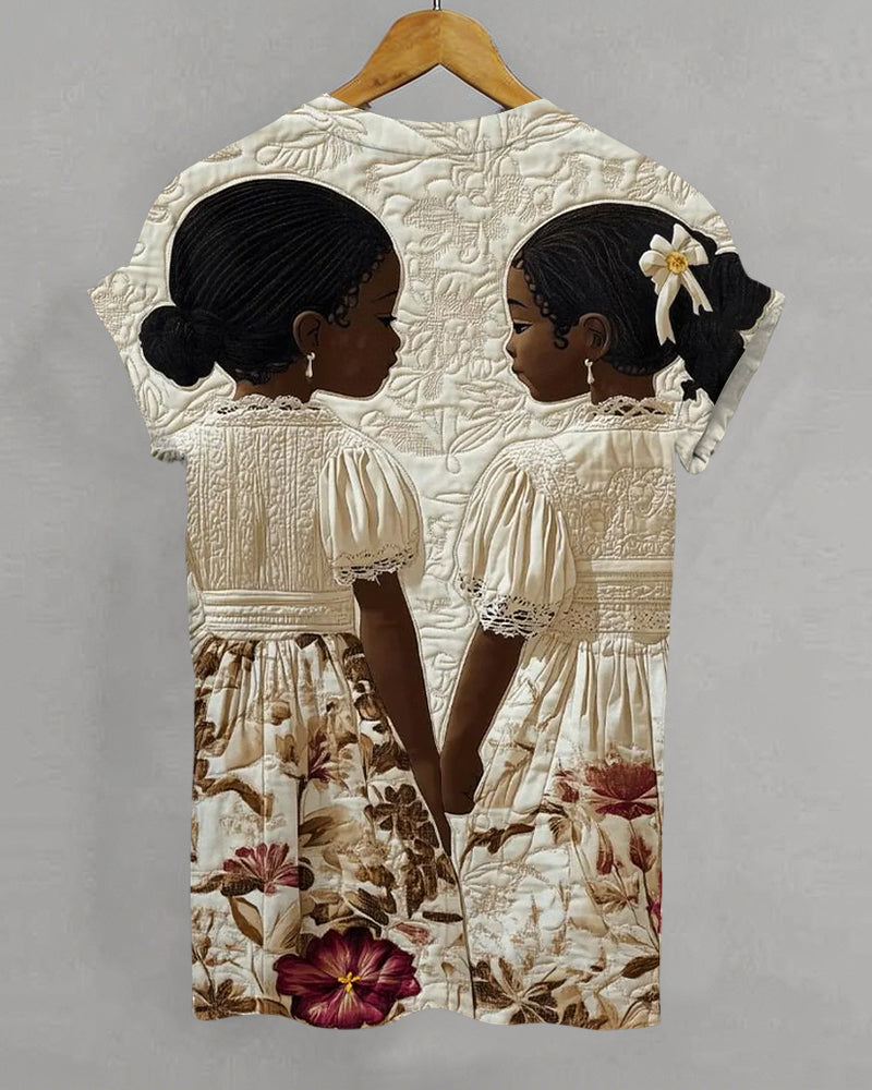 Sisters In Lace and Bloom Print Crew Neck Short Sleeve T-Shirt