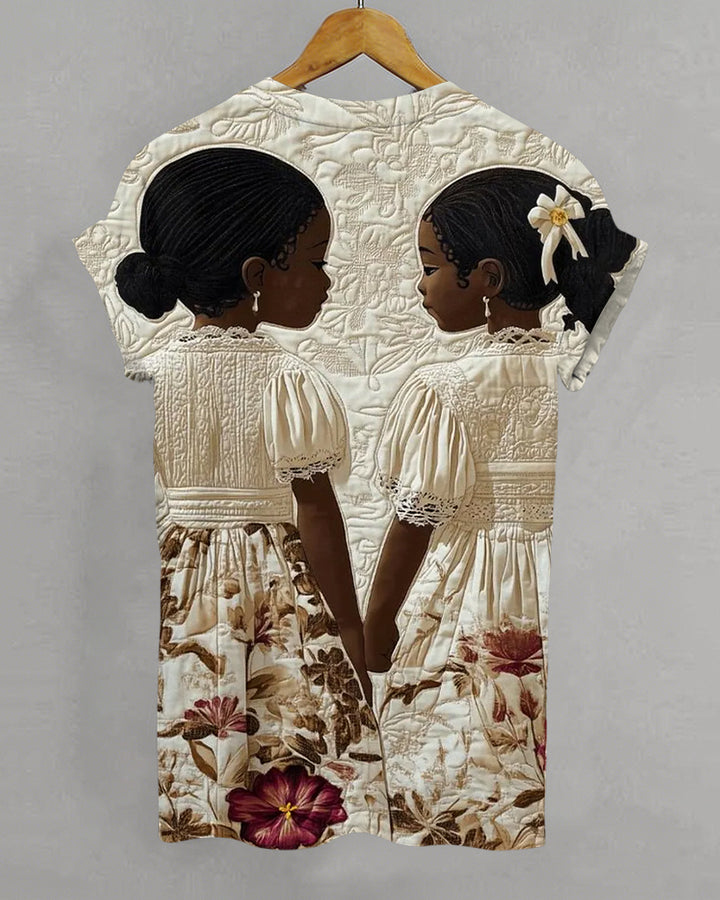 Sisters In Lace and Bloom Print Crew Neck Short Sleeve T-Shirt