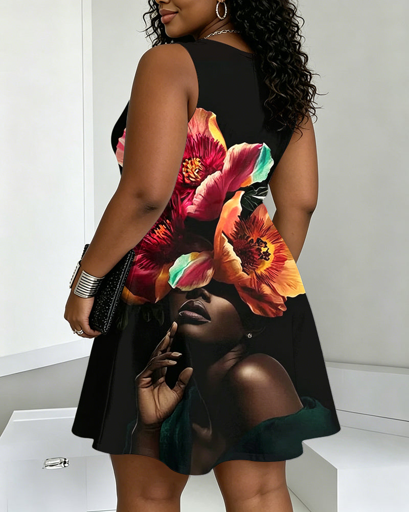 Black Woman Face Flowers Print Round Neck Sleeveless Mini Casual Dress