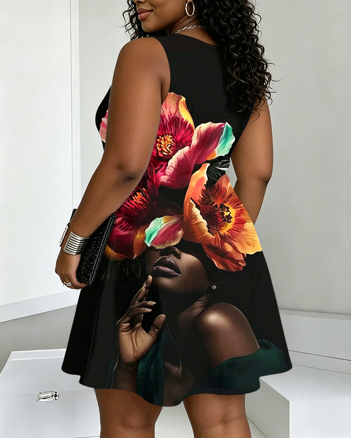Black Woman Face Flowers Print Round Neck Sleeveless Mini Casual Dress