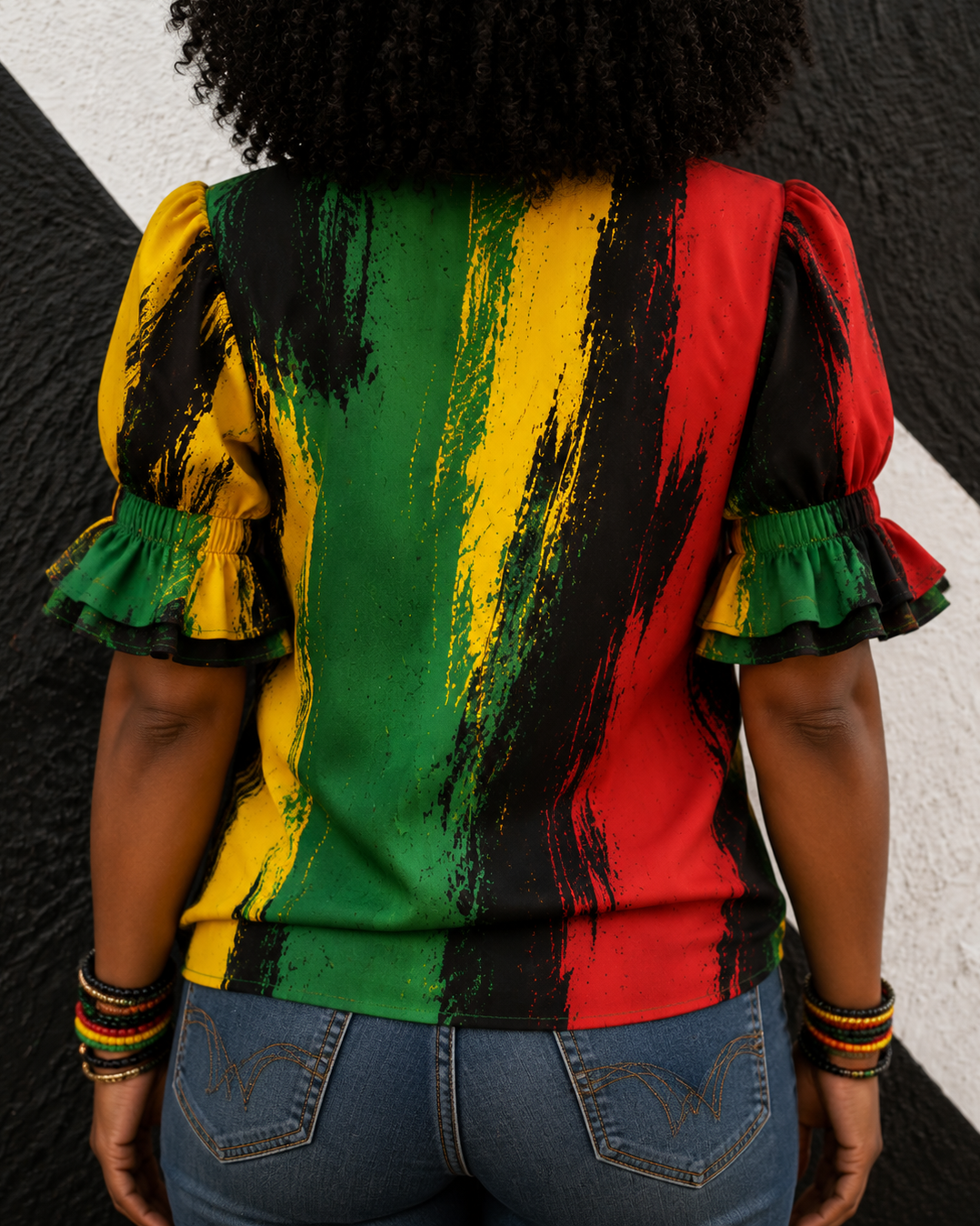 Reggae Tie-dye Color Blocking Summer Fabrics Puff Sleeve Casual Shirt