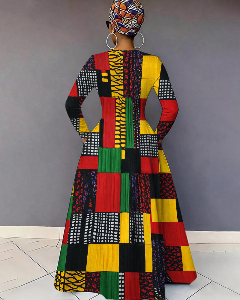 V-Neck Reggae Color Blocking Geometric Texture Pocket Long-Sleeved Maxi Dress