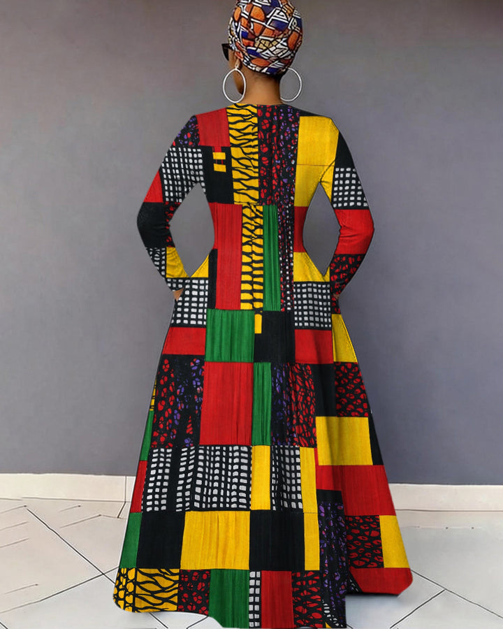 V-Neck Reggae Color Blocking Geometric Texture Pocket Long-Sleeved Maxi Dress