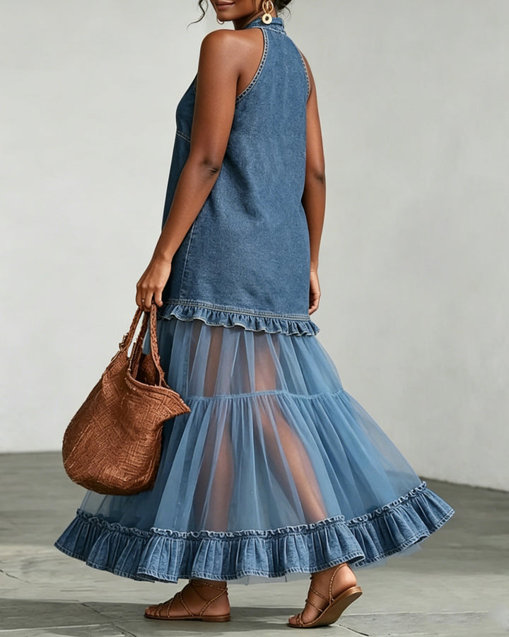 Retro-style Faux Denim Patchwork Sleeveless Ruffle Dress