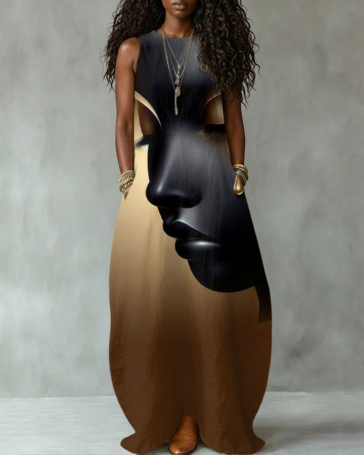 Black Women's Face Art Print Sleeveless Maxi Dress