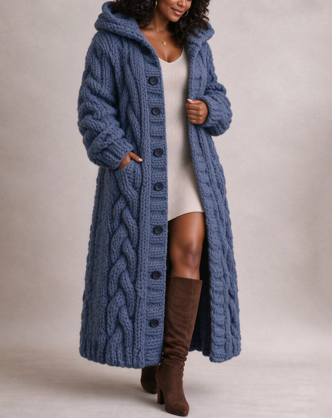 Women's Chunky Cable Knit Oversized Long Sleeve Button Down Hooded Cardigan