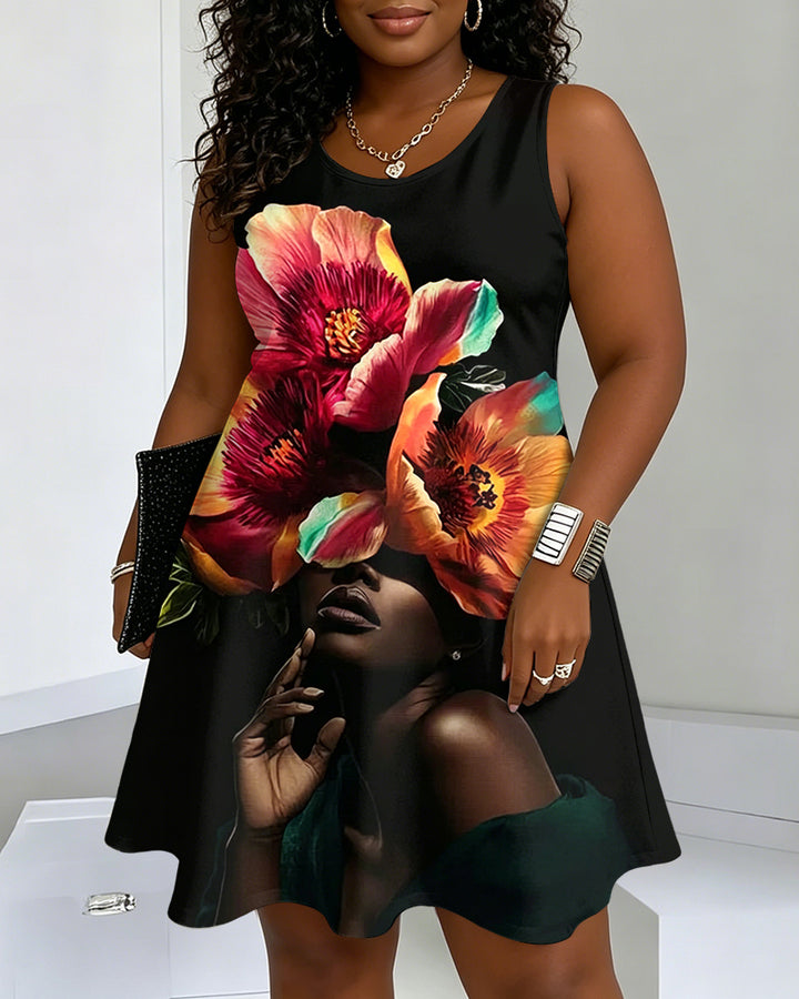 Black Woman Face Flowers Print Round Neck Sleeveless Mini Casual Dress