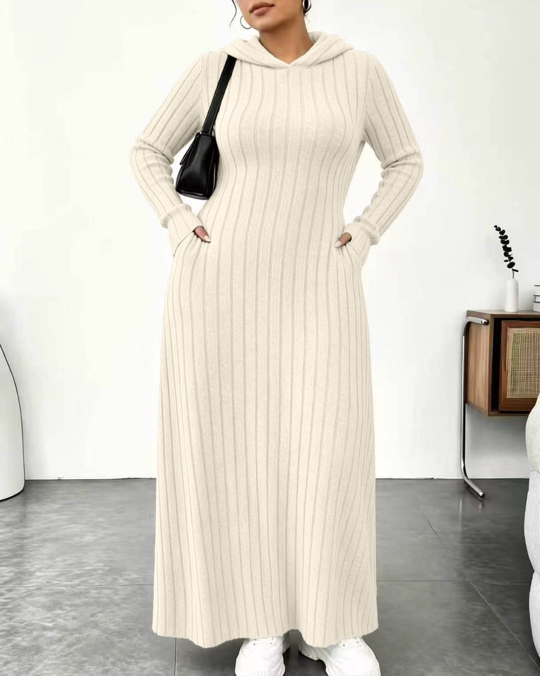 Plus Size Ribbed Hooded Pockets Maxi Dress