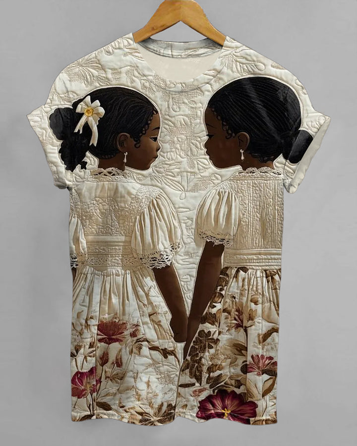 Sisters In Lace and Bloom Print Crew Neck Short Sleeve T-Shirt