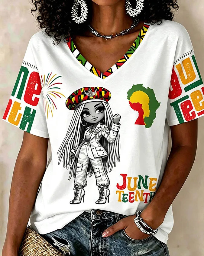 Juneteenth Cartoon Girl Graffiti Print V-neck Short Sleeve Tshirt