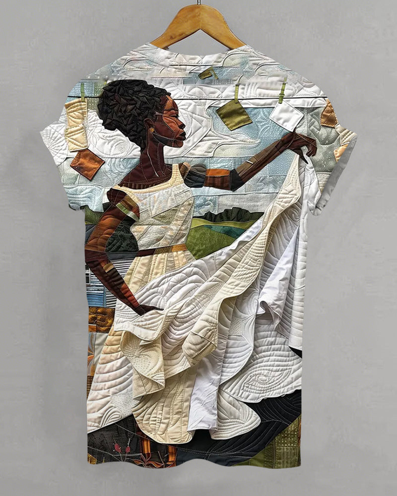 Black Woman Abstract Quilt Art Print Crew Neck Short Sleeve T-Shirt