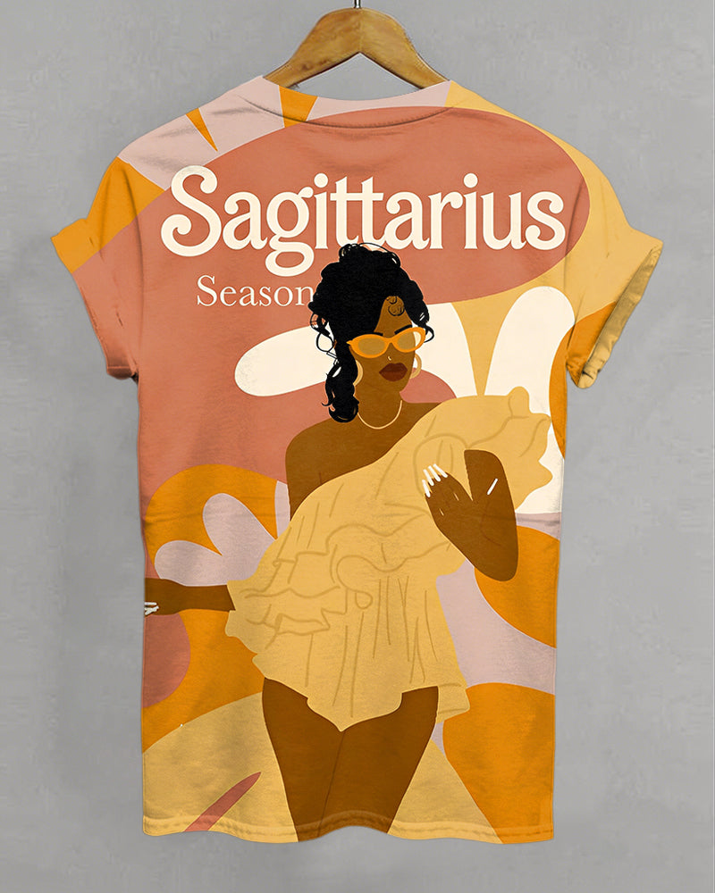 Sagittarius Cartoon Illustrations Print Crew Neck Short Sleeve Tshirt