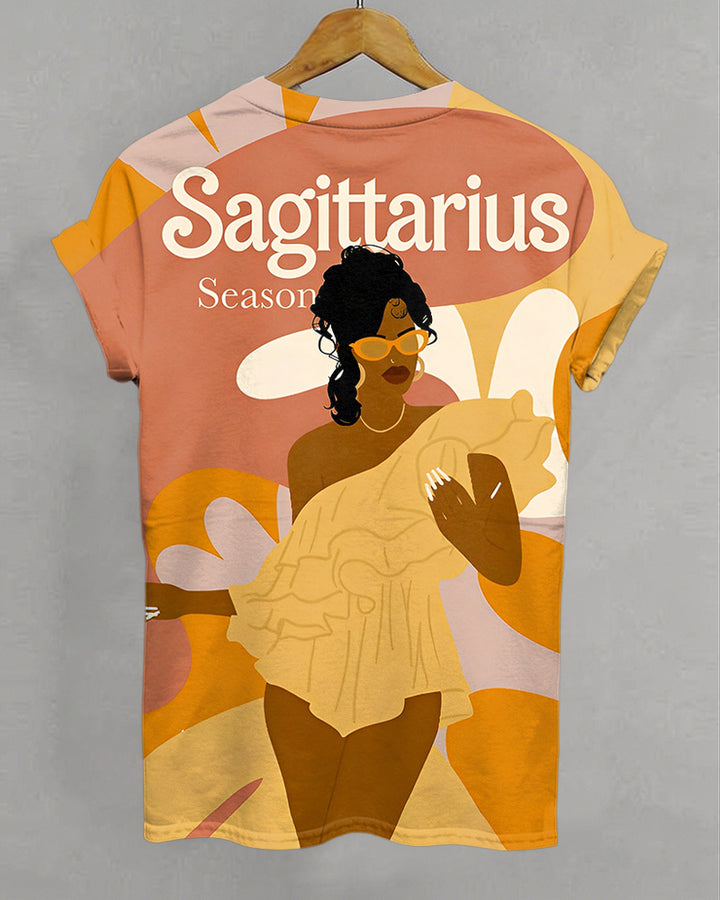 Sagittarius Cartoon Illustrations Print Crew Neck Short Sleeve Tshirt
