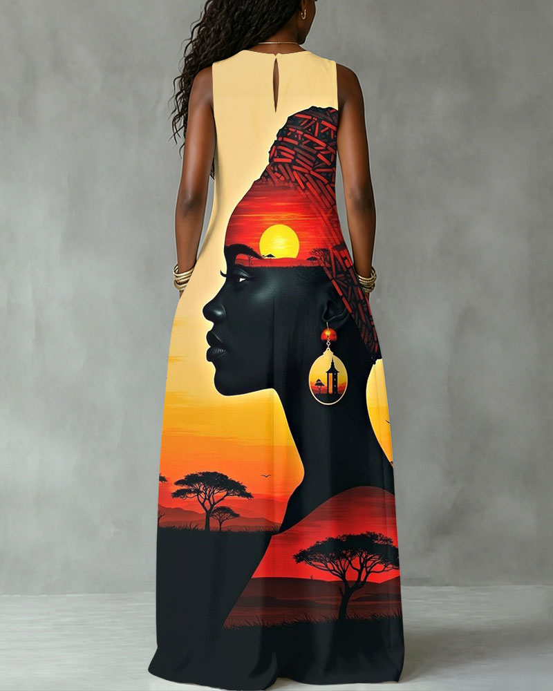 African Tribal Grassland Face Art Sleeveless Maxi Dress