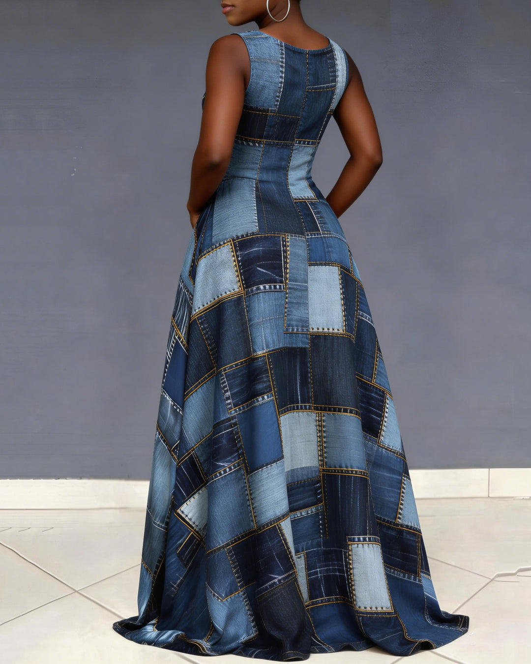 V Neck Denim Allover Pattern Print Sleeveless Pocket Maxi Dress