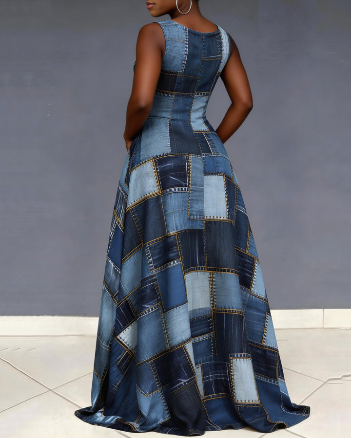 V Neck Denim Allover Pattern Print Sleeveless Pocket Maxi Dress