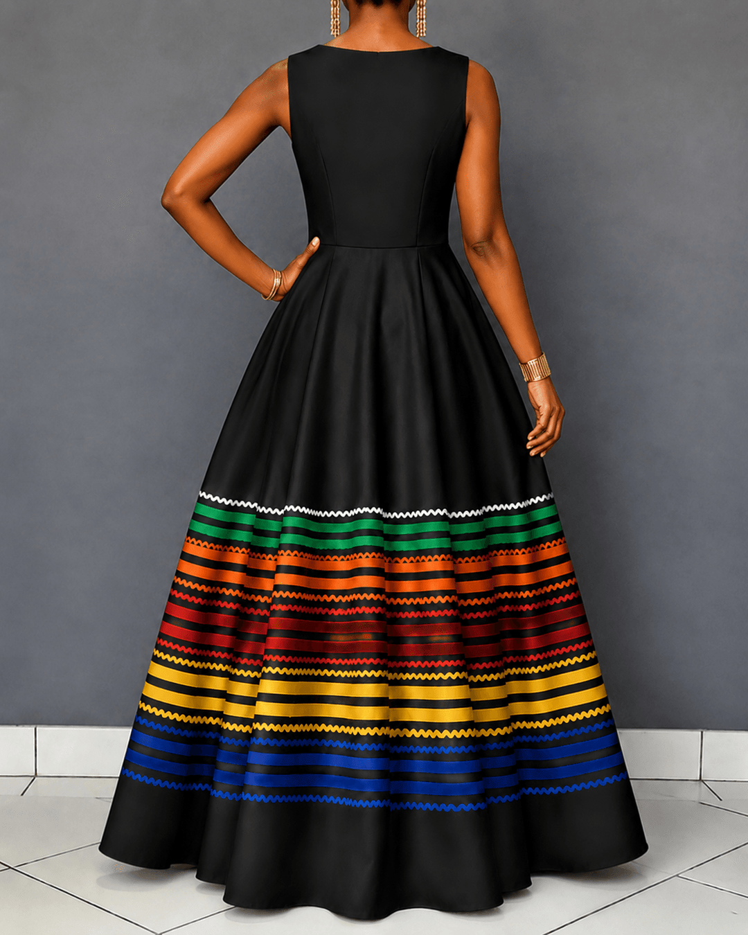 Stylish Color-Block Stripes Printed Fabric Print Sleeveless Maxi Dress