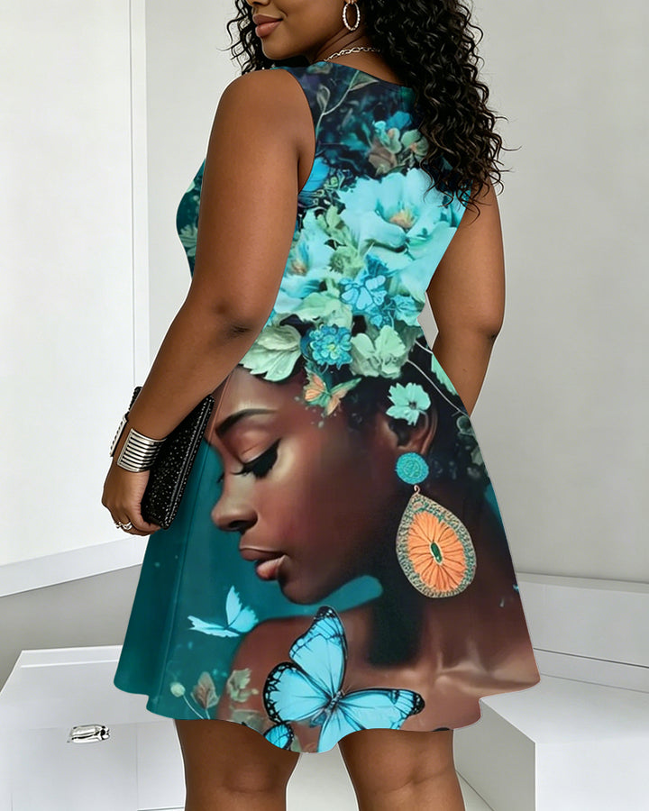 Blue Butterfly Flower Girl Round Neck Sleeveless Mini Casual Dress