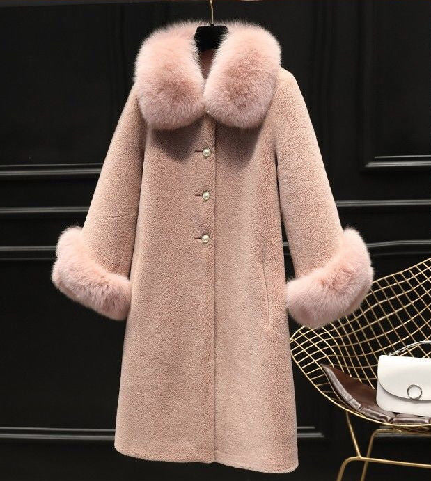 Imitation Lamb Fur Coat Women's Long Imitation Fox Fur Collar Particles