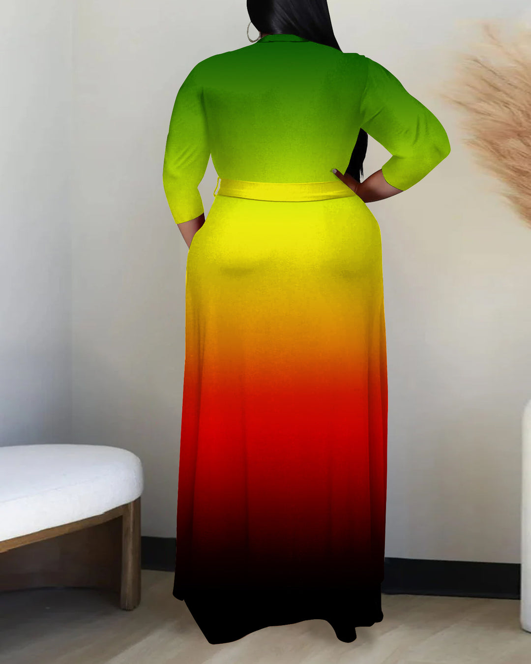 Reggae Gradient Color 3/4 Sleeves Bohemian Long Dress