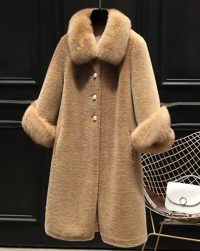 Imitation Lamb Fur Coat Women's Long Imitation Fox Fur Collar Particles