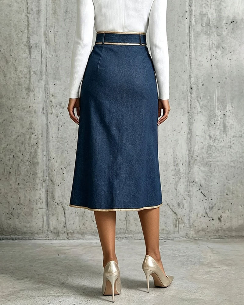 Chic And Refined Denim Midi Skirt With Gold Piping