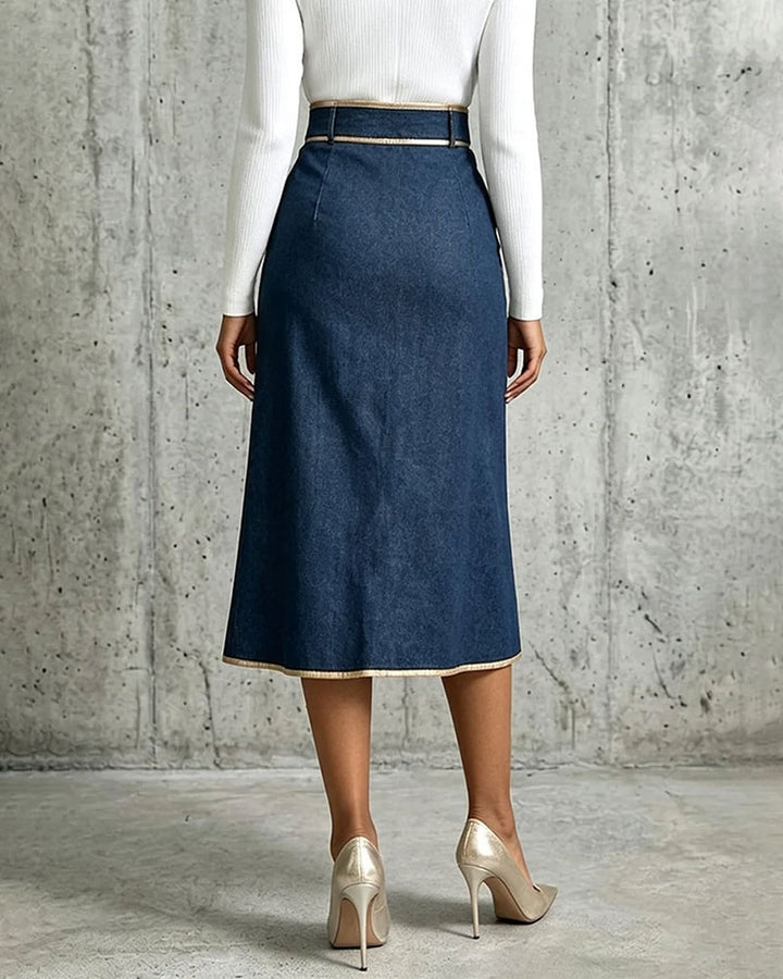Chic And Refined Denim Midi Skirt With Gold Piping