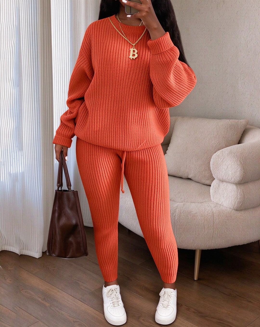 Women's Crew Neck Long Sleeve Oversized Ribbed Knit 2 Piece Outfit Set