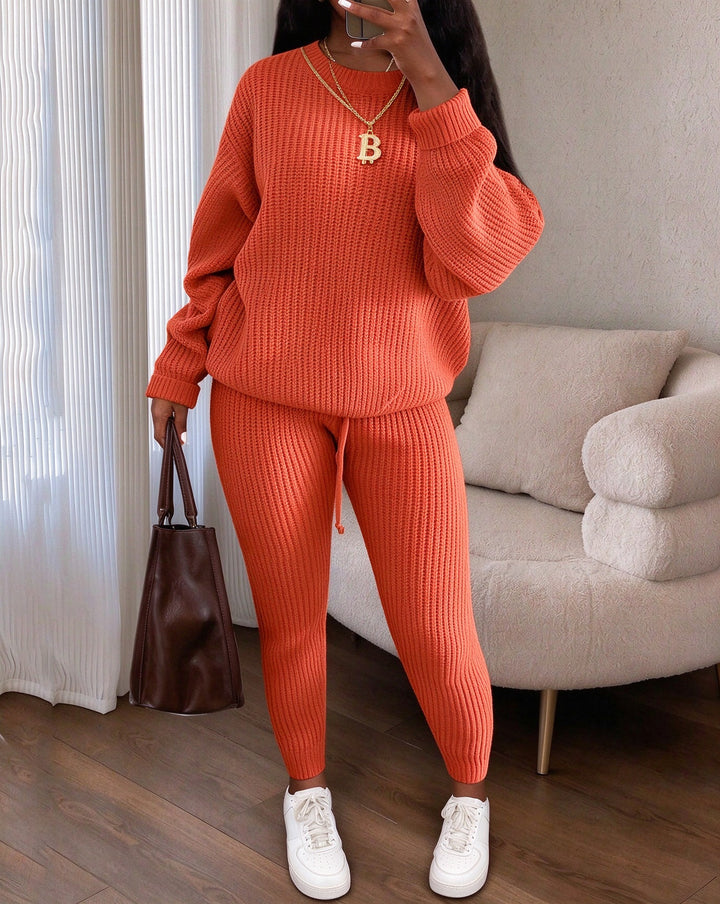 Women's Crew Neck Long Sleeve Oversized Ribbed Knit 2 Piece Outfit Set