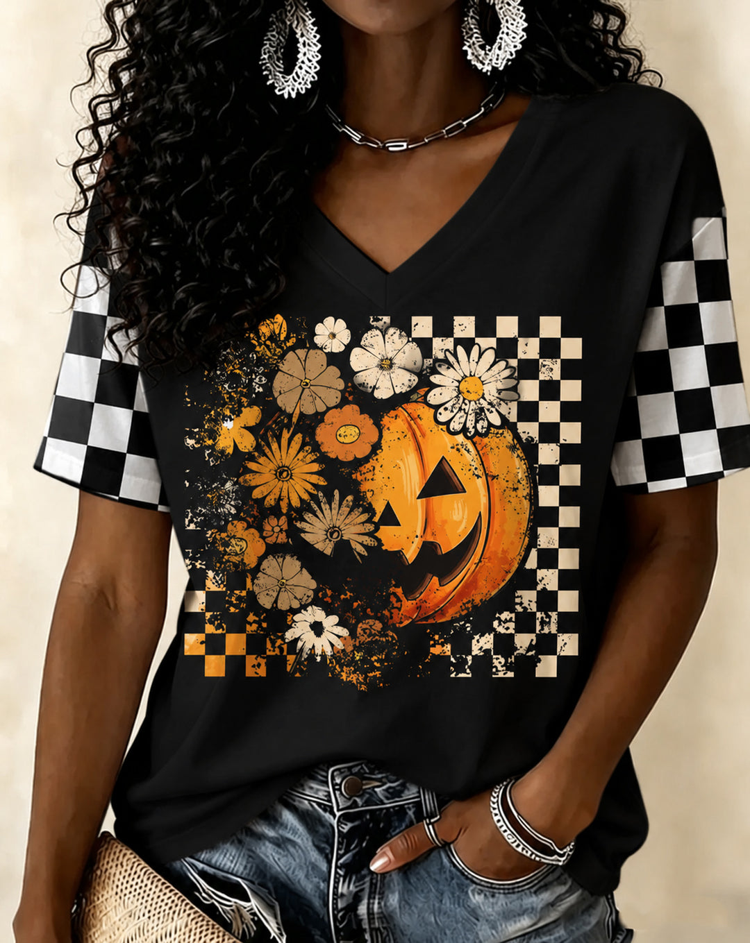 Floral Fall Pumpkin V-neck Short Sleeve Tshirt