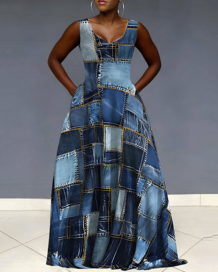 V Neck Denim Allover Pattern Print Sleeveless Pocket Maxi Dress