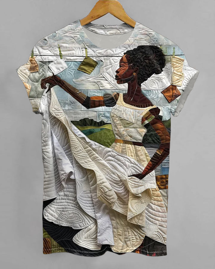 Black Woman Abstract Quilt Art Print Crew Neck Short Sleeve T-Shirt